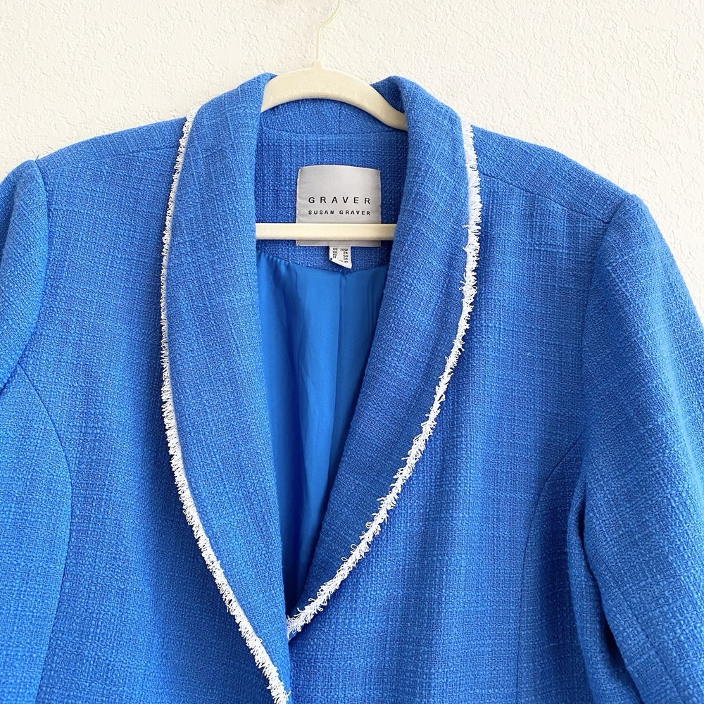 GRAVER Susan Graver Sky Blue Tweed Shawl Collar Blazer Jacket Fray Trim Sz 20W - Picture 2 of 10